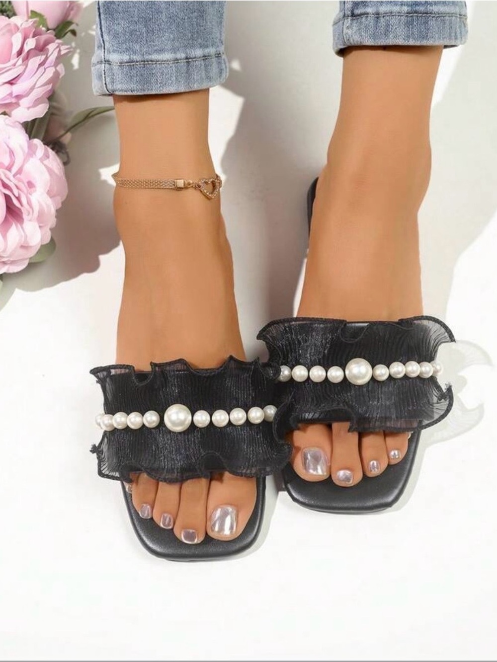 Elegant Black Pearl-Trim Slide Sandals